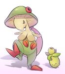  breloom bright_pupils brown_eyes closed_mouth commentary_request ebichi_(mon600n) frown full_body highres leg_up no_humans pokemon pokemon_(creature) smoliv standing standing_on_one_leg wavy_mouth white_background 