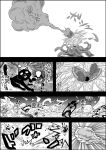  animal animal_ears battle blood cat cat_ears cat_tail comic greyscale highres hitting kaenbyou_rin kaenbyou_rin_(cat) monochrome monster multiple_tails niiko_(gonnzou) no_humans open_mouth sharp_teeth smoke speed_lines tail teeth touhou translation_request weapon 