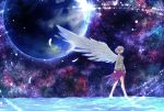  1girl angel_wings barefoot dress dress_lift earth feathered_wings feathers from_side full_body jacket kakao_(noise-111) kishin_sagume lifted_by_self long_sleeves open_clothes open_jacket profile purple_dress red_eyes silver_hair single_wing solo space touhou walking walking_on_liquid white_jacket white_wings wings 