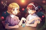  2girls :d ;d alcohol backlighting blonde_hair blush brown_eyes brown_hair chair collared_shirt cup dateless_bar_&quot;old_adam&quot; dress drink drinking_glass drunk eyebrows eyebrows_visible_through_hair frilled_sleeves frills hair_ribbon hairband holding kaede_(mmkeyy) liquid maribel_hearn multiple_girls one_eye_closed open_mouth puffy_short_sleeves puffy_sleeves purple_dress red_ribbon ribbon ribbon-trimmed_collar ribbon_trim shirt short_sleeves sitting smile table touhou upper_body usami_renko wavy_hair white_ribbon wing_collar 