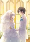  1boy 1girl altar black_hair blue_eyes bridal_veil bride charlotte_(anime) couple dress elbow_gloves eye_contact formal gloves groom hetero kousetsu long_hair looking_at_another otosaka_yuu red_eyes silver_hair stained_glass standing suit tiara tomori_nao veil wedding_dress wedding_gown window 