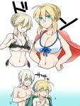  1boy 3girls adapted_costume adjusting_clothes adjusting_swimsuit ahoge artoria_pendragon_alter_(fate/grand_order) artoria_pendragon_lancer_(fate/grand_order) bedivere bikini blonde_hair breast_envy breasts cleavage crab_(jaku_homo) fate/grand_order fate_(series) green_eyes hair_ribbon jacket jacket_on_shoulders large_breasts multiple_girls navel ribbon saber saber_alter sweatdrop swimsuit tearing_up under_boob yellow_eyes 