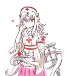  1girl apple armband blush bwsnowy crutch cup female food fruit hand_on_own_face hat heart highres looking_at_viewer mind_flayer mind_flayer_(monster_girl_encyclopedia) monster_girl monster_girl_encyclopedia nurse nurse_cap orange_eyes red_cross simple_background skirt smile solo spoon tentacle tentacle_hair tray white_background white_hair wide_sleeves 