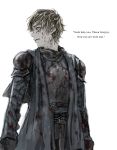  1boy a_song_of_ice_and_fire armor belt blood blood_on_face blue_eyes brown_hair capelet character_name gloves highres simple_background siuuu solo theon_greyjoy upper_body white_background 