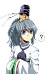  1girl ? animalization bird blue_eyes grey_hair hands_in_sleeves hat japanese_clothes kakao_(noise-111) kariginu long_sleeves looking_away mononobe_no_futo pom_pom_(clothes) ponytail ribbon-trimmed_sleeves ribbon_trim solo spoken_question_mark tate_eboshi touhou toyosatomimi_no_miko upper_body white_background wide_sleeves 