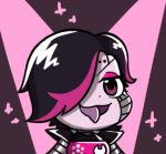  &gt;:3 &gt;:d 1boy :3 :d android black_hair brown_eyes chibi eyelashes eyeshadow fang grey_skin gyate_gyate hair_over_one_eye looking_at_viewer lowres makeup male_focus mettaton mettaton-ex mettaton_ex multicolored_hair open_mouth pink_background purple_tongue robot smile solo sparkle spoilers spotlight tongue tongue_out two-tone_hair undertale upper_body yaruky 