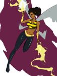  1girl bee_costume belt brown_eyes brown_hair bumble_bee bumblebee_(dc) curly_hair dark_skin dc_comics double_bun earrings electricity full_body insect_wings jewelry karen_beecher lipstick makeup midriff navel sodrawnout solo teen_titans wings 