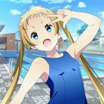  1girl blonde_hair blue_eyes breasts chuunibyou_demo_koi_ga_shitai! collarbone day dekomori_sanae long_hair looking_at_viewer one-piece_swimsuit open_mouth outdoors pool school_swimsuit small_breasts solo spiceg swimsuit twintails upper_body 
