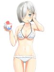  1girl adjusting_hair armpits bare_arms bare_shoulders bikini blue_eyes breasts cleavage collarbone cup frilled_bikini frills gluteal_fold hair_ornament hair_over_one_eye hairclip hamakaze_(kantai_collection) hand_in_hair holding holding_cup horizontal_stripes kantai_collection looking_at_viewer medium_breasts mouth_hold navel peperoncirno shaved_ice short_hair silver_hair simple_background smile solo spoon standing stomach striped striped_bikini swimsuit white_background 