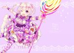  1girl ;d candy copyright_name doughnut flower_knight_girl food food_themed_ornament frills hair_ornament heart_hair_ornament houzuki_michiru iberis_(flower_knight_girl) lollipop looking_at_viewer one_eye_closed open_mouth oversized_object pantyhose purple purple_background purple_skirt short_hair short_twintails skirt smile solo sparkle striped striped_legwear swirl_lollipop twintails violet_eyes waffle white_hair wrist_cuffs 