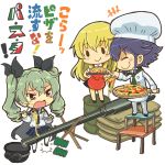  3girls anchovy apron bangs black_hair blonde_hair blouse braid brown_eyes cape carpaccio cheese chef_hat chef_uniform chibi closed_eyes commentary_request drill_hair drum_(container) extended_barrel eyebrows eyebrows_visible_through_hair food food_on_face fork girls_und_panzer goggles goggles_on_hat green_hair hair_ribbon hat helmet highres long_hair multiple_girls necktie otoufu pasta pepperoni_(girls_und_panzer) pizza plate pleated_skirt ribbon sack sacks short_hair skirt stool tapping_foot thigh-highs translation_request twin_drills 