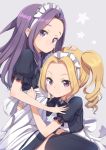  2girls aikatsu! alternate_costume apron black_dress black_legwear blonde_hair blush daichi_nono dress drill_hair enmaided gamuo hand_on_another&#039;s_head hug long_hair looking_at_viewer maid maid_apron maid_headdress mole mole_under_eye multiple_girls puffy_short_sleeves puffy_sleeves purple_hair shirakaba_risa short_sleeves smile thigh-highs twin_drills twintails violet_eyes waist_apron 