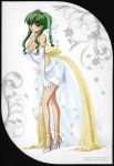  1girl absurdres bent_over braid breasts c.c. cleavage code_geass collar collarbone diadem dress elbow_gloves gloves green_hair hair_ornament high_heels highres kimura_takahiro long_hair looking_at_viewer orange_eyes solo strapless strapless_dress white_dress white_gloves 