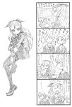  3girls 4koma assam bangs_pinned_back bbb_(friskuser) closed_eyes comic commentary_request computer_keyboard cup darjeeling girls_und_panzer greyscale hair_ribbon highres holding holding_cup knee_up leg_hug loafers long_hair md5_mismatch monitor monochrome multiple_girls necktie open_mouth orange_pekoe pantyhose ponytail ribbon school_uniform shoes shoes_removed single_shoe sitting smile sweatdrop sweater teacup translation_request typing 