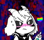  &gt;:/ 1boy asriel_dreemurr black_sclera blush chibi facial_mark gyate_gyate heart heart_pendant horns jewelry lowres male_focus monster necklace rainbow solo spoilers sweat undertale wavy_mouth weapon white_hair yaruky 