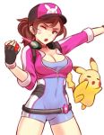  1girl adapted_costume bangs baseball_cap black_gloves breasts brown_eyes brown_hair choker cleavage cosplay covered_navel cowboy_shot crop_top cropped_jacket crossover d.va_(overwatch) facial_mark female_protagonist_(pokemon_go) female_protagonist_(pokemon_go)_(cosplay) fingerless_gloves gloves hat headphones headphones_around_neck holding holding_poke_ball jacket long_hair looking_at_viewer medium_breasts one_eye_closed open_mouth outstretched_arm overwatch pikachu pink_jacket poke_ball pokemon pokemon_go ponytail sieyarelow simple_background skin_tight solo swept_bangs whisker_markings white_background 