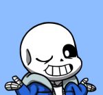  1boy blue_background chibi gyate_gyate hood hoodie jacket looking_at_viewer lowres one_eye_closed sans shrug simple_background skeleton smile solo undertale yaruky 