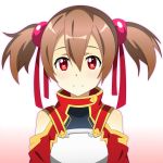  1girl breastplate brown_hair hair_between_eyes highres looking_at_viewer red_eyes red_ribbon ribbon short_twintails silica smile solo spiceg sword_art_online twintails upper_body 
