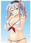  1girl bikini blue_background blue_eyes blush breast_hold breasts cleavage kankitsunabe_(citrus) kantai_collection kashima_(kantai_collection) large_breasts long_hair looking_at_viewer navel open_mouth silver_hair smile solo standing swimsuit twintails 