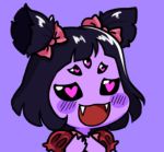  1girl black_eyes black_hair blush blush_stickers bow chibi extra_eyes fangs gyate_gyate hair_bow hands_on_own_chest heart heart-shaped_pupils insect_girl lowered_eyelids lowres monster monster_girl muffet open_mouth puffy_sleeves purple_background purple_skin short_twintails simple_background smile solo spider_girl symbol-shaped_pupils twintails undertale upper_body yaruky 