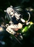  1girl animal_ears ankle_cuffs ankle_wraps barefoot blue_eyes breasts capelet claws furry highres hitomaru leotard long_hair looking_at_viewer original silver_hair sitting small_breasts smile solo sword tail tiger_ears weapon whiskers 