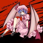  1girl ascot bat_wings blue_hair bow character_name hat hat_bow mob_cap monrooru red_eyes remilia_scarlet solo touhou wings wrist_cuffs 