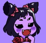  1girl black_eyes black_hair blush blush_stickers bow chibi extra_eyes fangs gyate_gyate hair_bow hand_to_own_mouth insect_girl lowered_eyelids lowres monster monster_girl muffet open_mouth puffy_sleeves purple_background purple_skin short_twintails simple_background smile solo spider_girl twintails undertale upper_body yaruky 