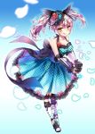  1girl alternate_costume black_bow blue_dress bow camera dress full_body gl_ztoh hair_bow hair_ornament iggy_(soccer_spirits) official_art pink_hair shoes soccer_spirits socks solo standing tongue tongue_out twintails white_legwear yellow_eyes 