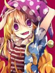  1girl @_@ american_flag_shirt arms_up blonde_hair clownpiece hair_between_eyes hat jester_cap jpeg_artifacts long_hair looking_at_viewer neck_ruff nikorashi-ka polka_dot red_background sharp_teeth shirt short_sleeves simple_background solo star star_print striped sweat tears teeth touhou upper_body very_long_hair violet_eyes 