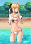 1girl beach bikini blonde_hair blush breasts fate/grand_order fate/stay_night fate/unlimited_codes fate_(series) forest green_eyes highres nature navel ocean ponytail saber saber_lily saberivliku smile solo swimsuit white_bikini 