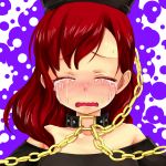  1girl bare_shoulders black_shirt blush chains chikado closed_eyes collar collarbone crying hecatia_lapislazuli long_hair nose_blush off-shoulder_shirt parted_lips polos_crown portrait redhead shirt snot solo t-shirt tears touhou wavy_mouth 