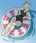  1girl blonde_hair from_above hair_over_one_eye highres innertube looking_at_viewer mercy_(overwatch) one-piece_swimsuit overwatch reclining smile solo splashbrush swimsuit water 