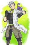  10s 1boy black_gloves clipboard facial_hair glasses_on_head gloves grey_hair labcoat looking_at_another male_focus pokemon pokemon_(creature) pokemon_go rat rattata red_eyes smile stubble twitter_username watari_yuu_(haskey) white_hair willow_(pokemon) 