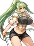  1girl blush breasts curvy green_hair holding holding_sword holding_weapon large_breasts long_hair looking_at_viewer midriff navel original ponytail sachito simple_background smile solo sumi-chan_(sachito) sword thick_thighs thighs very_long_hair weapon white_background yellow_eyes 