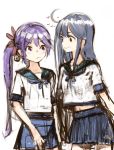  2girls ahoge akebono_(kantai_collection) artist_request bell black_hair brown_eyes commentary_request flower hair_bell hair_flower hair_ornament heart highres kantai_collection long_hair looking_at_another lynchis midriff multiple_girls pleated_skirt purple_hair school_uniform serafuku short_sleeves side_ponytail sidelocks skirt smile ushio_(kantai_collection) violet_eyes white_background 