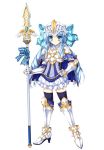  1girl armor armored_boots artist_request blue_eyes blue_hair boots breastplate cape dress full_body gauntlets gloves hand_on_hip helmet highres holding holding_weapon long_hair pauldrons polearm serious simple_background solo spear standing thigh-highs weapon white_background zettai_ryouiki 