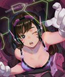  1girl bangs bare_shoulders bikini breasts brown_eyes brown_hair collarbone commentary d.va_(overwatch) downblouse facepaint facial_mark gloves headphones highres long_hair medium_breasts one_eye_closed open_mouth overwatch salmon88 solo swept_bangs swimsuit whisker_markings white_gloves 