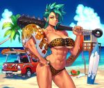  1girl abs bandeau beach bikini breasts candy clouds club female food fruit glasses green_eyes green_hair ground_vehicle hand_on_hip innertube kanabou kanabō large_breasts leopard_print lollipop matching_hair/eyes monster_girl motor_vehicle muscle navel ogami oni oni_horns original palm_tree pointy_ears short_hair sky solo sunglasses surfboard swimsuit sword tree truck watermelon weapon wooden_sword 