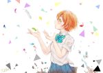  1girl big_hands blood bow bowtie collared_shirt cupping_hands droplet feathers from_side green_eyes hoshizora_rin lilylion26 love_live! love_live!_school_idol_project open_mouth orange_hair pleated_skirt scratches shirt short_hair short_sleeves skirt solo torn_clothes torn_sleeves triangle white_shirt 