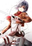  1girl black_hair blue_eyes dual_wielding highres holding holding_sword holding_weapon long_hair mikasa_ackerman military military_uniform red_scarf scarf shingeki_no_kyojin short_hair solo sword three-dimensional_maneuver_gear uniform weapon 