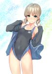  1girl adapted_costume aki_(girls_und_panzer) bare_shoulders black_swimsuit blonde_hair blue_jacket breasts closed_mouth collarbone competition_swimsuit covered_navel cowboy_shot eyebrows eyebrows_visible_through_hair girls_und_panzer green_eyes hair_tie highres jacket kagematsuri long_sleeves looking_at_viewer low_twintails multicolored_background off_shoulder one-piece_swimsuit open_clothes open_jacket short_hair skin_tight sleeves_past_wrists small_breasts smile solo standing swimsuit thighs track_jacket twintails undressing 