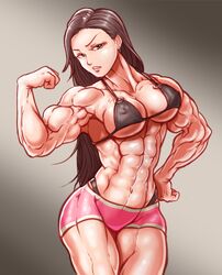  1girl abs artist_request biceps bikini black_hair breasts female flexing long_hair muscle posing solo thong 