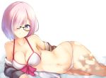  1girl alternate_costume bare_shoulders bikini black-framed_eyewear blush bow bow_bikini breasts cleavage collarbone dappled_sunlight eyebrows eyebrows_visible_through_hair fate/grand_order fate_(series) glasses grey_shirt hair_over_one_eye lying medium_breasts multicolored_eyes navel off_shoulder on_side open_clothes open_shirt parted_lips pink_bow pink_hair semi-rimless_glasses shielder_(fate/grand_order) shirt short_hair simple_background solo stomach sunlight swimsuit under-rim_glasses ura1011 violet_eyes white_background white_bikini yellow_eyes 