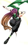  1girl alternate_costume bare_shoulders brown_hair covered_mouth full_body gradient_hair green_scarf highres hijiri_byakuren japanese_clothes kakao_(noise-111) long_hair looking_at_viewer multicolored_hair ninja plasma_sword purple_hair scarf sidelocks sleeveless solo strider_(video_game) strider_hiryuu strider_hiryuu_(cosplay) touhou violet_eyes 