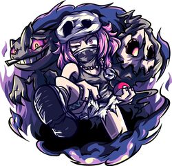  10s 1girl bandanna banette berryverrine duskull ghost hat long_hair necklace nintendo npc_trainer pink_eyes pink_hair poke_ball pokemon pokemon_(game) pokemon_sm red_eyes shorts team_skull team_skull_grunt transparent_background zipper 