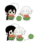  2boys ahoge black_eyes black_hair blindfold chibi comic flat_color food fruit honebami_toushirou kumako_(sono328) male_focus multiple_boys namazuo_toushirou ponytail shirt stick suikawari t-shirt touken_ranbu triangle_mouth watermelon watermelon_print white_background white_hair 