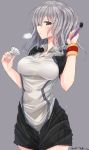  1girl alternate_hairstyle artist_name badminton badminton_racket blue_eyes breasts breath flying_sweatdrops grey_background grey_shirt highres kantai_collection kashima_(kantai_collection) large_breasts looking_at_viewer nao_(qqqbb) parted_lips profile racket shirt short_hair short_sleeves silver_hair simple_background solo sportswear standing sweatband sweatdrop thigh_gap visible_air 