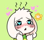  1boy :&gt; asriel_dreemurr blue_eyes blush chibi child flower flowey_(undertale) green_background gyate_gyate heart heart-shaped_pupils holding_ears lowres male_focus monster shirt simple_background solo striped striped_shirt symbol-shaped_pupils tears triangle_mouth undertale white_hair yaruky 