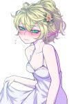  1girl alternate_costume bare_arms bare_shoulders blonde_hair blush breasts curtsey dress ear_blush flower flying_sweatdrops green_eyes hair_flower hair_ornament looking_at_viewer medium_breasts miata_(miata8674) mizuhashi_parsee nose_blush pointy_ears ponytail rose short_hair shy slit_pupils solo sundress touhou wavy_mouth 