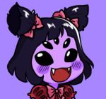  1girl black_eyes black_hair blush blush_stickers bow chibi extra_eyes fangs gyate_gyate hair_bow insect_girl lowres monster monster_girl muffet open_mouth puffy_sleeves purple_background purple_skin short_twintails simple_background smile solo spider_girl twintails undertale upper_body yaruky 